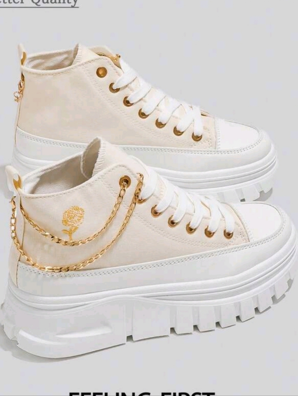 Platform High-Top Sneakers in Cream with Gold Chain Accent